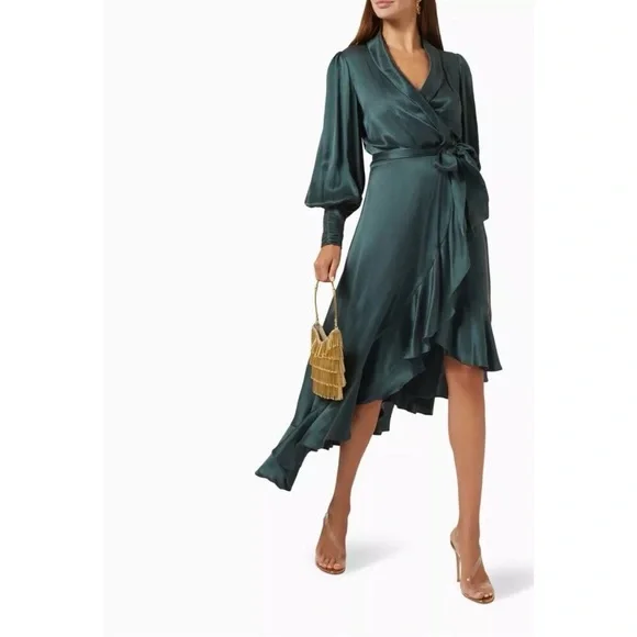 Eloquii Teal Long Sleeve Wrap Dress with pearl buttons - Picture 3 of 10